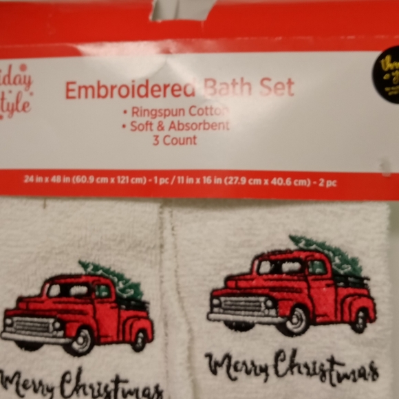 Christmas 3 Pc Bath Set Embroidered Truck & Tree Spun Cotton - Picture 3 of 4